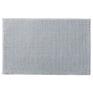 Thick non-slip gray chenille bath mat with absorbent textured surface on white background
