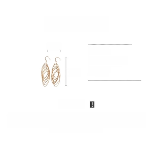 Detail view showing dimensions of golden multilayer hollow oval drop earrings with zircons