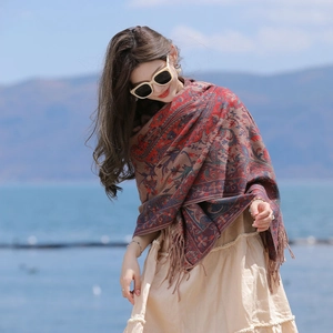 Ethnic style pashmina shawl with tassel fringe in deep red and blue for outdoor travel