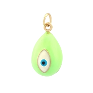 Detailed close-up of a vibrant lime green evil eye pendant with polished gold plating