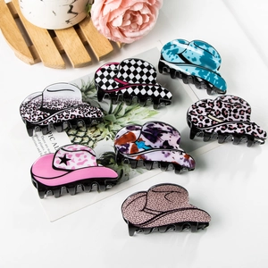 Fashionable leopard and checkerboard print cowboy hat hair claw clips collection