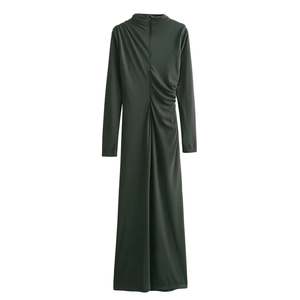 Flat lay of dark green long sleeve midi dress with elegant waist ruched detail and high collar
