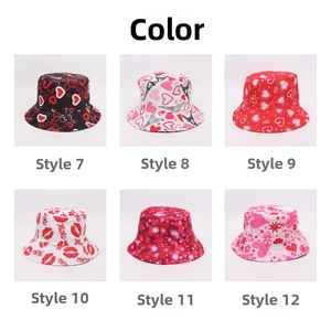 Detailed grid showing six patterns of heart and floral print cotton bucket hats