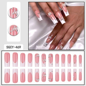 French tip coffin press-on nails with silver butterfly charms and crystals SGCY-469