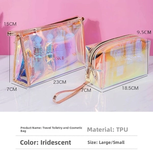 Detailed view of iridescent TPU cosmetic bag set in large and small sizes