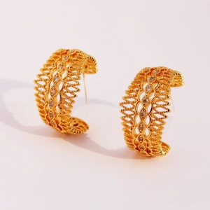 Vintage French hollow lace gold C-shape hoop earrings with micro-set zircon accents