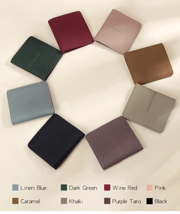 Selection of slim RFID leather wallets available in eight vibrant colors with soft textures