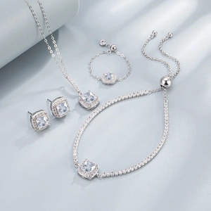 Elegant 925 sterling silver jewelry set featuring square pink star cubic zirconia stones