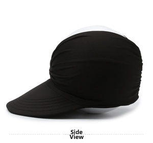 Side view of black sun visor turban hat with elastic quick-dry fabric and pleated detail