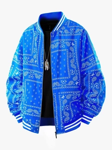 Veste baseball bleue avec imprimé paisley blanc et col montant style décontracté