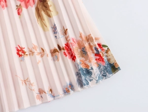 Detail of pink floral print fabric with a pleated texture and lightweight finish