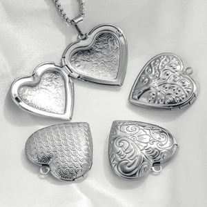 Set of heart-shaped stainless steel locket pendants with vintage engraved floral patterns