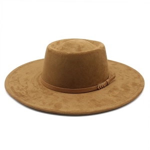 Elegant Wide Brim Boater Hat For Women Suede Polyester Flat Top Fedora With Leather Belt And Metal Buckle Travel Accessory