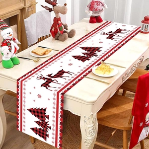 Christmas Table Runner Buffalo Plaid Reindeer Tree Polyester Holiday Party Dining Table Decoration Festive Farmhouse