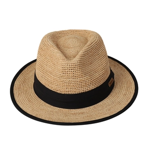 Classic French flat top straw hat with black ribbon and handmade metal tag for summer sun protection