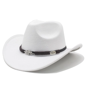 White western felt cowboy hat with decorative feather metal band on white background