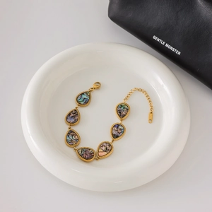 Macro view of teardrop abalone shell inlay on gold-plated stainless steel bracelet