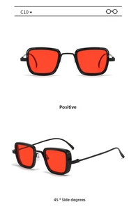 Front and 45-degree angle view of vintage thick metal frame sunglasses with red lenses