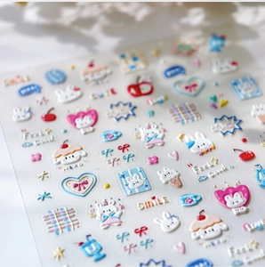 Detalle de pegatinas 3D de conejo coreano con corazones y motivos de dibujos animados