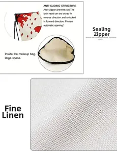 Detail view of linen makeup bag with anti-sliding alloy zipper and spacious interior