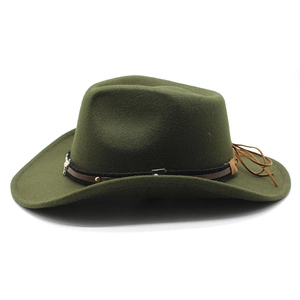 Olive green wool cowboy hat with wide brim, leather band and silver bull head ornament