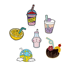 Creative enamel pins set featuring cartoon beverages like bubble tea and coconut cocktails