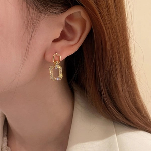 Fashionable gold geometric double-layered rectangle earrings with sparkling rhinestones