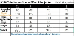 Detailed view of the fabric label and size chart for the faux suede bomber jacket