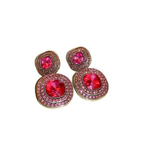 Vintage gold square earrings with dark red main stone and pink crystal accents for women