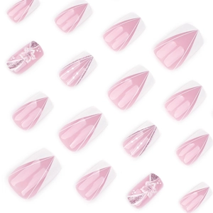 Unghie finte a ballerina francesi bianche con fiori 3D e sfumatura di glitter rosa