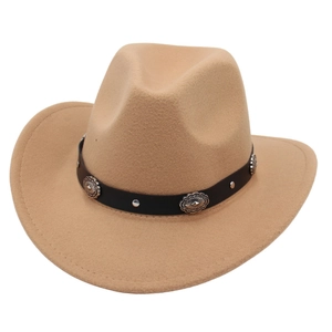 Classic camel western cowboy felt hat with black leather band and silver metal conchos
