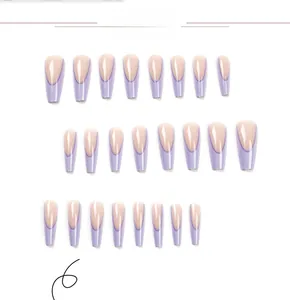 Macro detail of long coffin French lavender purple and nude pink press-on nail set