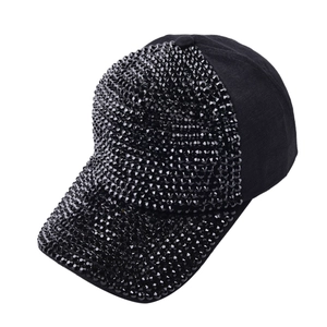 Fashionable black baseball cap with rhinestone embellishments on the front and brim