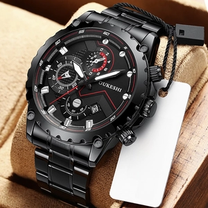 Detail shot of OUKESHI black steel chronograph watch with racing dial and calendar