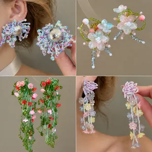 Pendientes de Botón de Flor de Perlas Hechos a Mano Con Poste de Plata Flor de Cristal Artificial Estilo Mori Vacaciones Joyería para Mujer