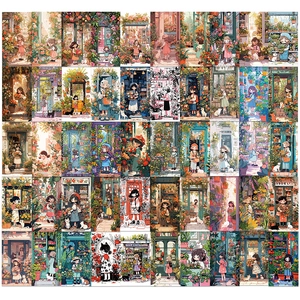 Detailed grid layout of 50 cartoon stickers featuring girls and floral shop themes