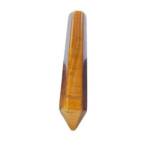 Polished tiger eye hexagonal crystal point prism with natural golden brown stone textures