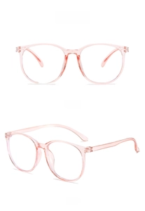 Detailed views of transparent pink oversized eyewear frames in front and side angles