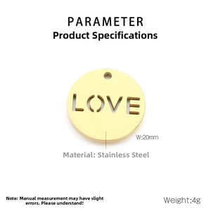 Detailed parameter view of a 20mm gold stainless steel hollow round LOVE pendant charm