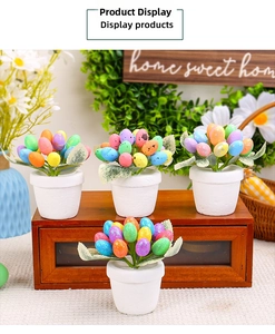 Close-up of four colorful Easter egg potted plants with speckled eggs and faux greenery