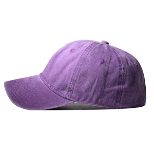 Side view of purple washed cotton baseball cap showing stitching and breathable eyelets