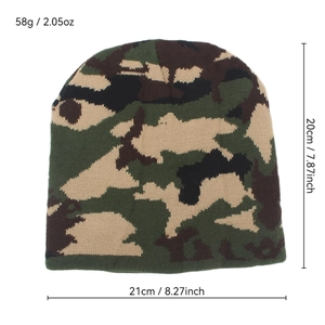 Unisex camouflage knit beanie hat with jungle pattern and detailed size dimensions