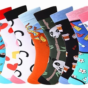 Colorful cotton crew socks featuring fun cartoon prints like pandas and sushi patterns