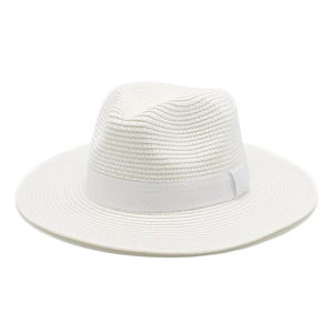 Close-up of white woven Panama hat with matching grosgrain ribbon for summer sun protection