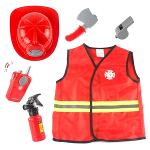 Firefighter Role Play Costume For Kids With Red Vest Helmet Axe Toy Extinguisher Whistle And Walkie Talkie Accessories