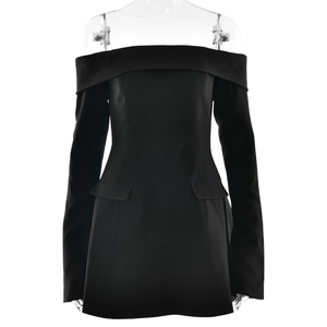 Elegant black off-shoulder long sleeve mini dress with waist cut-outs and A-line silhouette