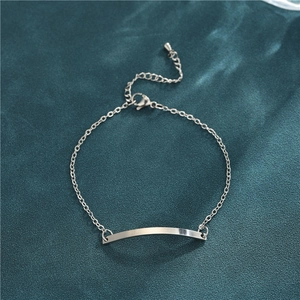 Polished silver stainless steel rectangular bar bracelet with adjustable cable chain link