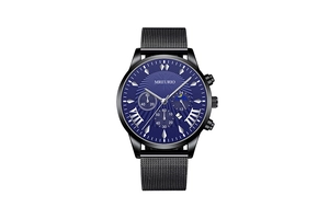 Detailed macro shot of the dark blue sunray dial and chronograph sub-dials of the men's watch