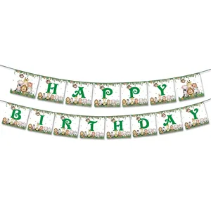 Detail showing jungle animal Happy Birthday banner with lion and giraffe illustrations