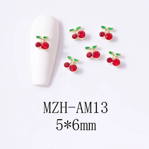 Detailed view of 5x6mm 3D cherry nail art charm with red rhinestones and green leaves